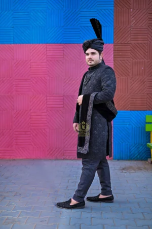 Regal Midnight Black Groom Sherwani