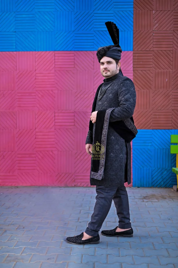 Regal Midnight Black Groom Sherwani