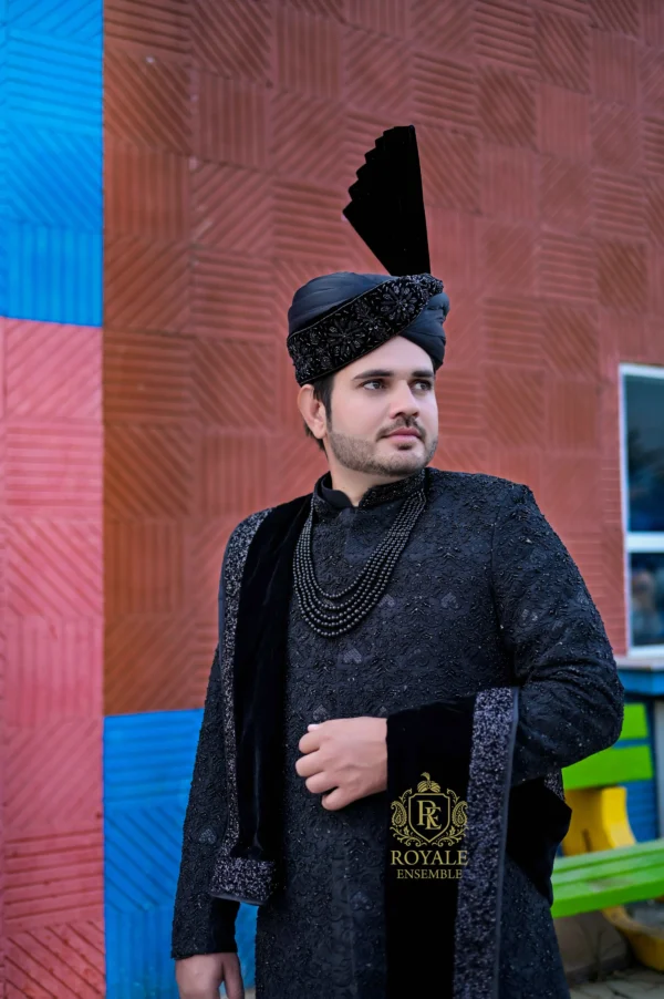 Regal Midnight Black Groom Sherwani