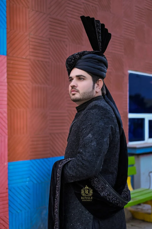 Regal Midnight Black Groom Sherwani