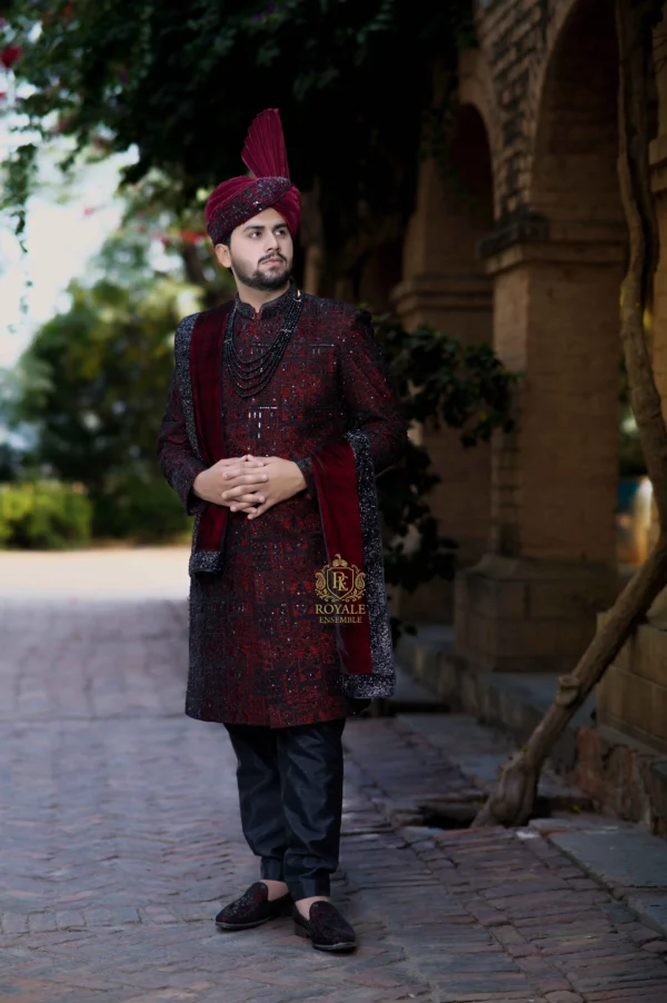 Royal Black & Mehroon Groom Sherwani