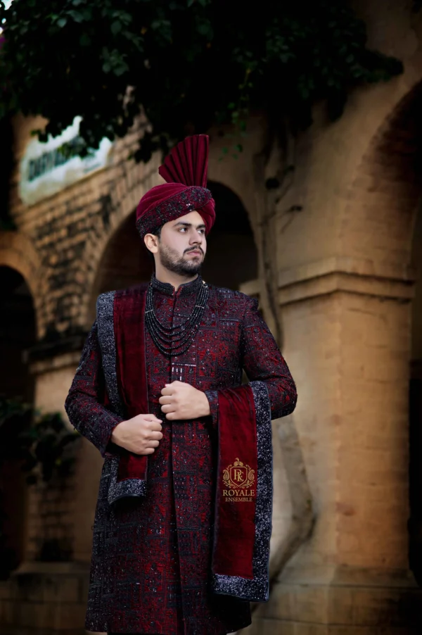 Royal Black & Mehroon Groom Sherwani