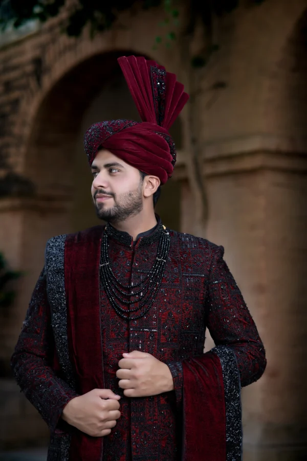 Royal Black & Mehroon Groom Sherwani