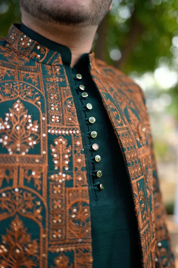 Bottle Green & Antique Golden Royal Prince Coat (Handmade Edition)