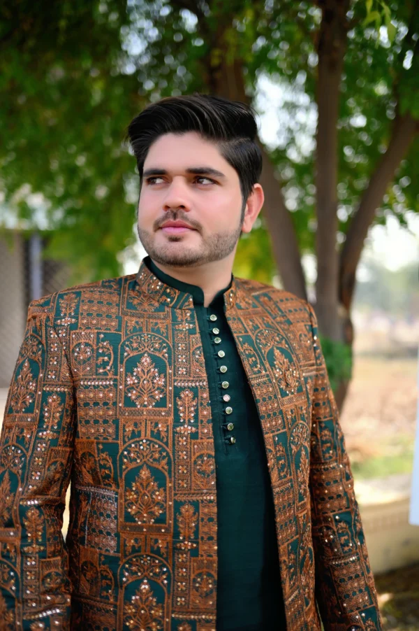 Bottle Green & Antique Golden Royal Prince Coat (Handmade Edition)