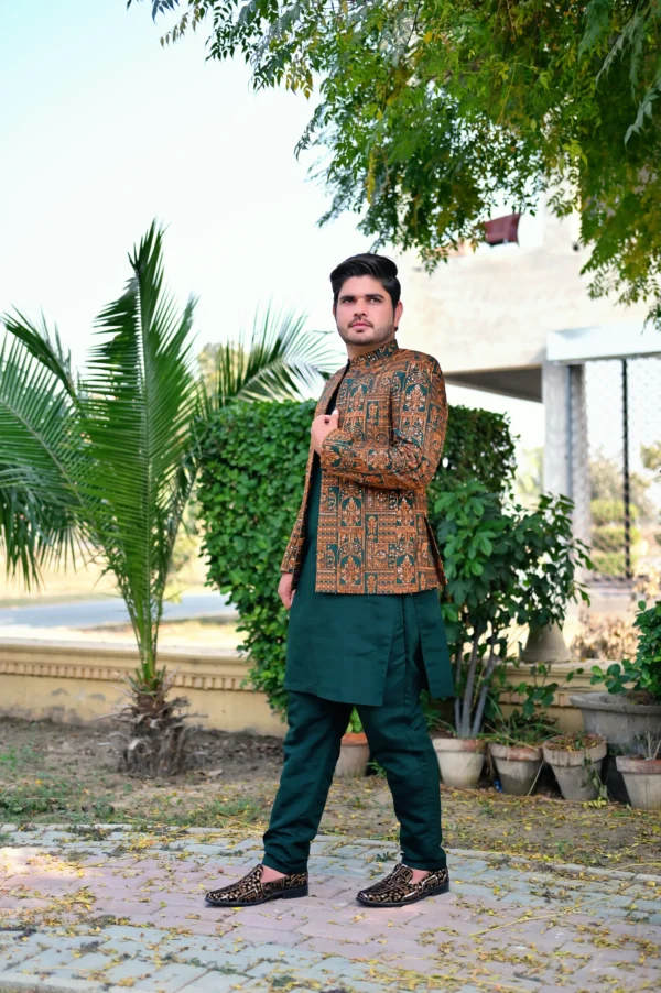 Bottle Green & Antique Golden Royal Prince Coat (Handmade Edition)