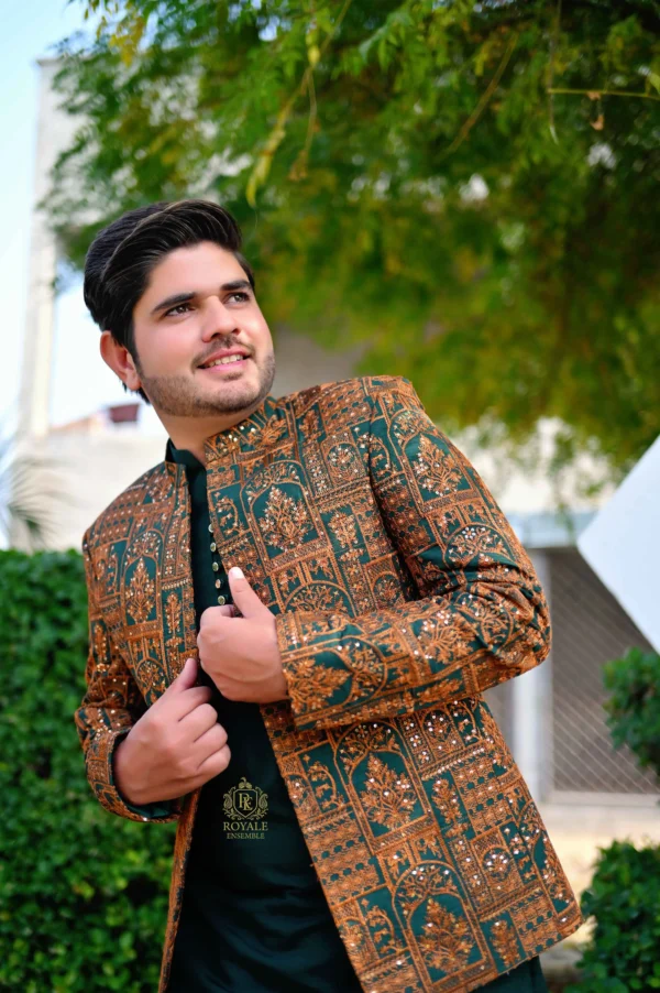 Bottle Green & Antique Golden Royal Prince Coat (Handmade Edition)