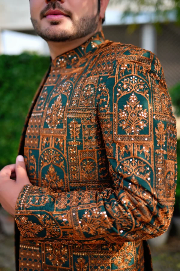 Bottle Green & Antique Golden Royal Prince Coat (Handmade Edition)