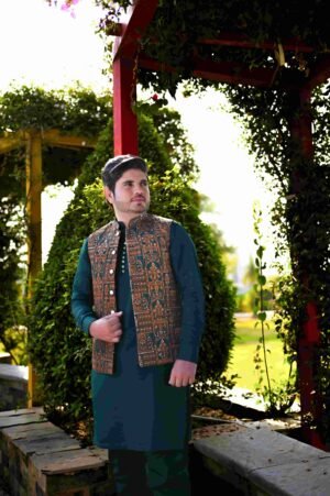 Bottle Green & Golden Designer Waistcoat – Fully Handmade