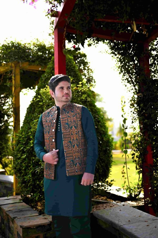 Bottle Green & Golden Designer Waistcoat – Fully Handmade