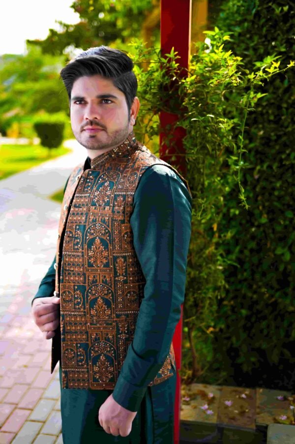 Bottle Green & Golden Designer Waistcoat – Fully Handmade