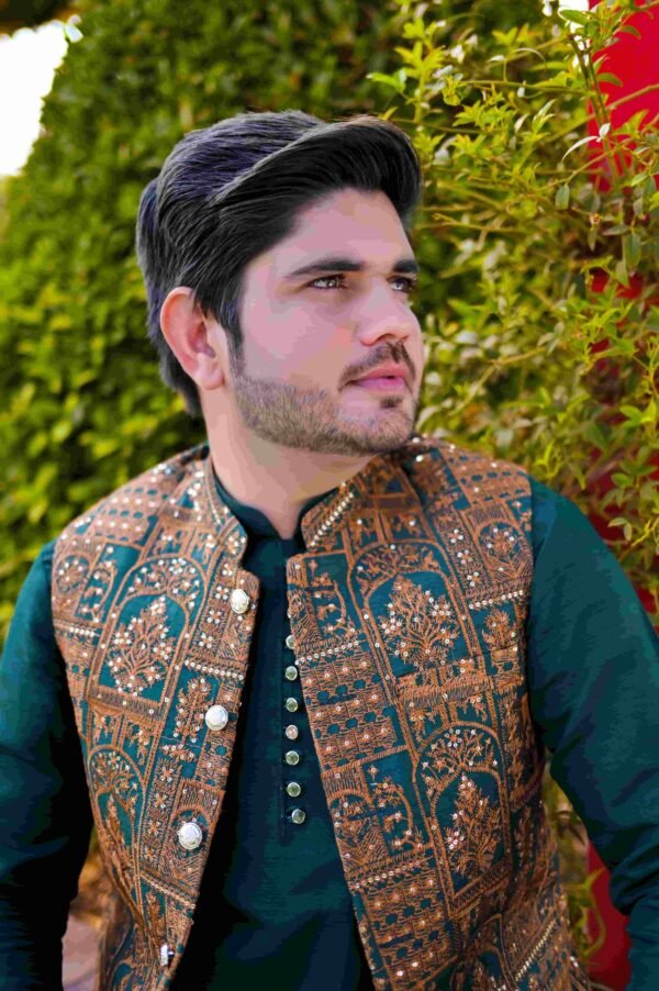 Bottle Green & Golden Designer Waistcoat – Fully Handmade