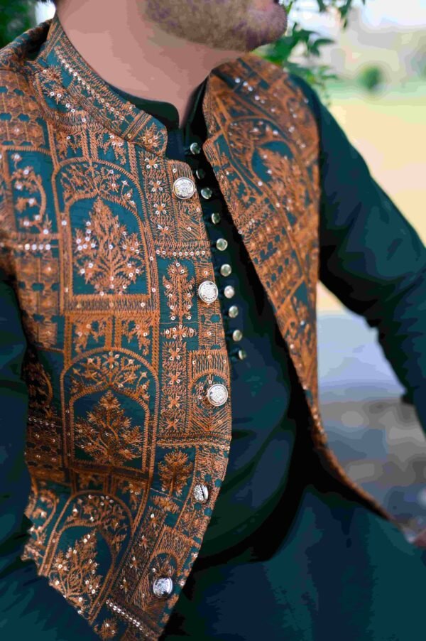 Bottle Green & Golden Designer Waistcoat – Fully Handmade